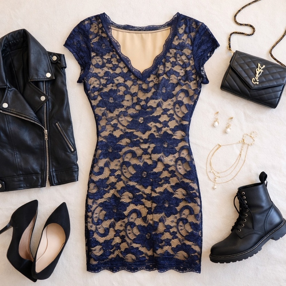 Liberty Love Lace Bodycon Mini Dress Blue Nude Sheer Y2K Coquette Goth S B17